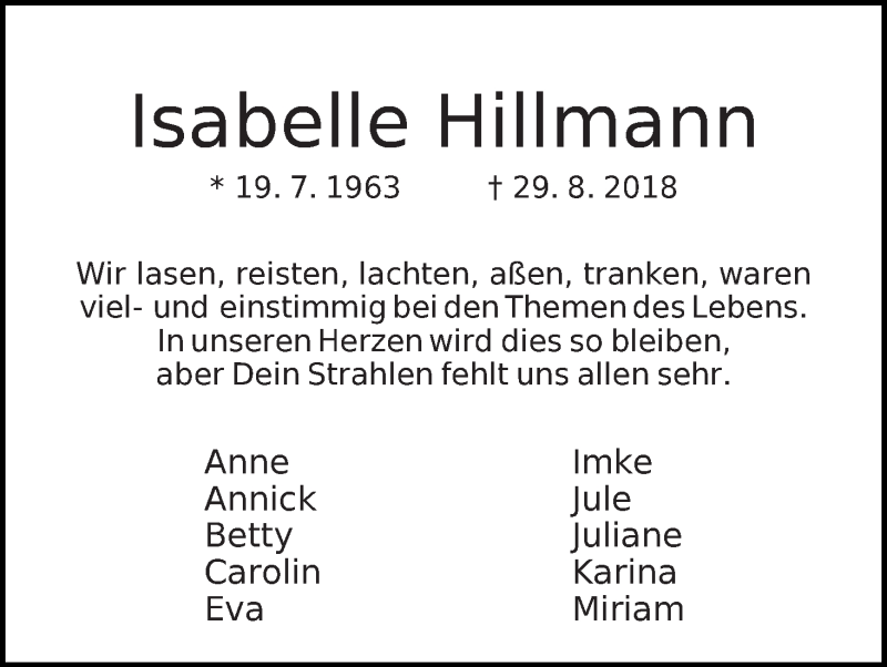 Traueranzeige von Isabelle Hillmann von WESER-KURIER