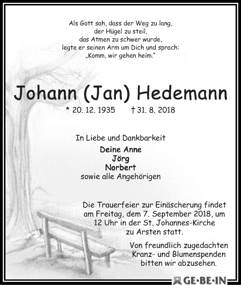 Traueranzeige von Johann (Jan) Hedemann von WESER-KURIER
