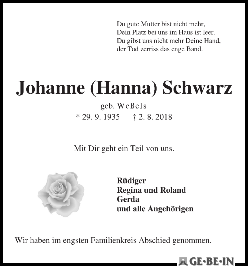 Traueranzeige von Johanne (Hanna) Schwarz von WESER-KURIER