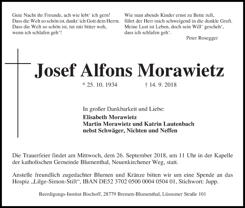 Traueranzeige von Josef Alfons Morawietz von Die Norddeutsche