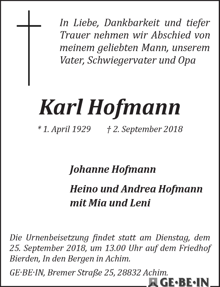 Traueranzeige von Karl Hoffmann von WESER-KURIER