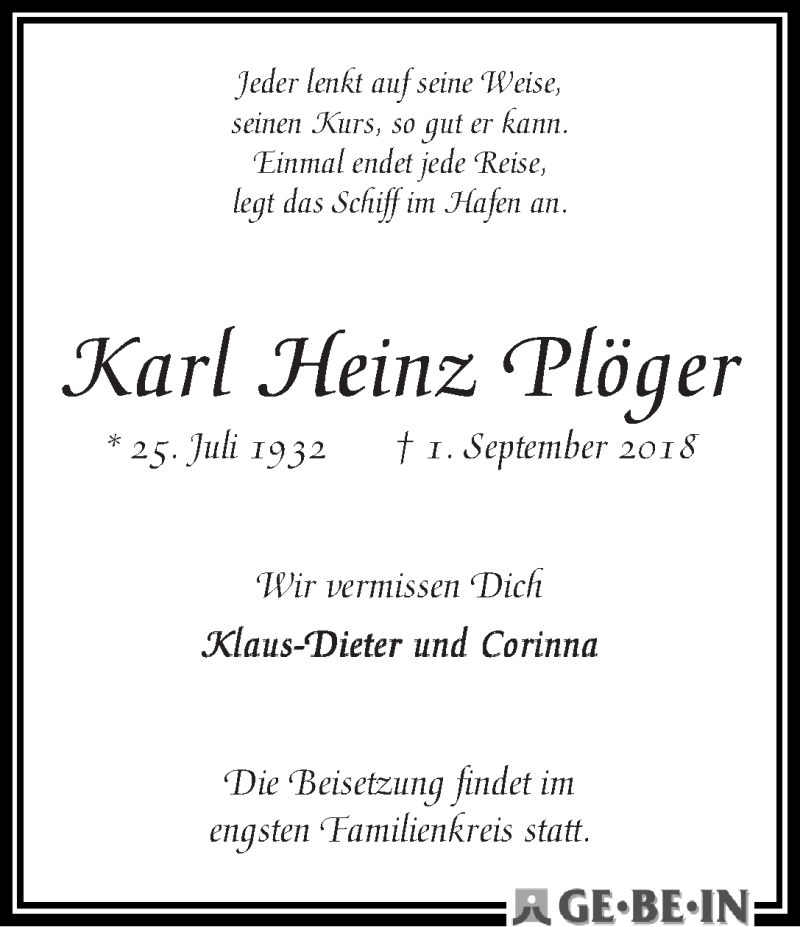 Traueranzeige von Karl Heinz Plöger von WESER-KURIER