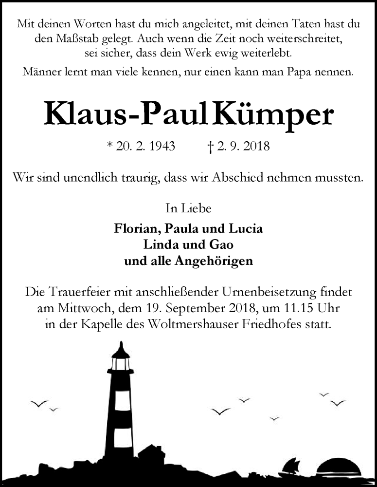 Traueranzeige von Klaus-Paul Kümper von WESER-KURIER