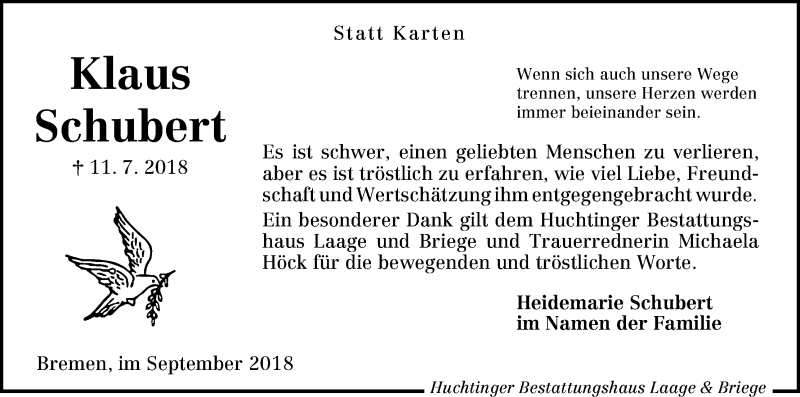 Traueranzeige von Klaus Schubert von WESER-KURIER
