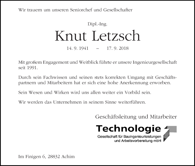 Traueranzeige von Knut Letzsch von WESER-KURIER