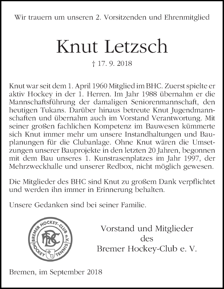 Traueranzeige von Knut Letzsch von WESER-KURIER