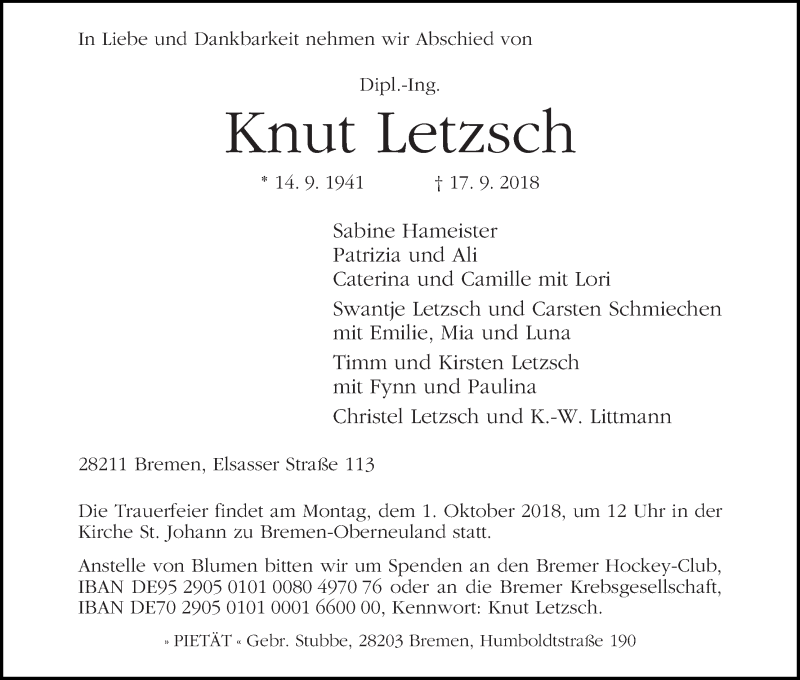 Traueranzeige von Knut Letzsch von WESER-KURIER