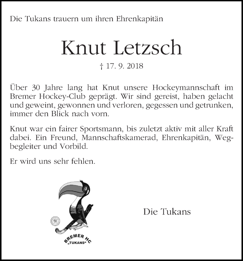 Traueranzeige von Knut Letzsch von WESER-KURIER