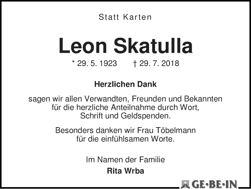 Traueranzeige von Leon Skatulla von WESER-KURIER