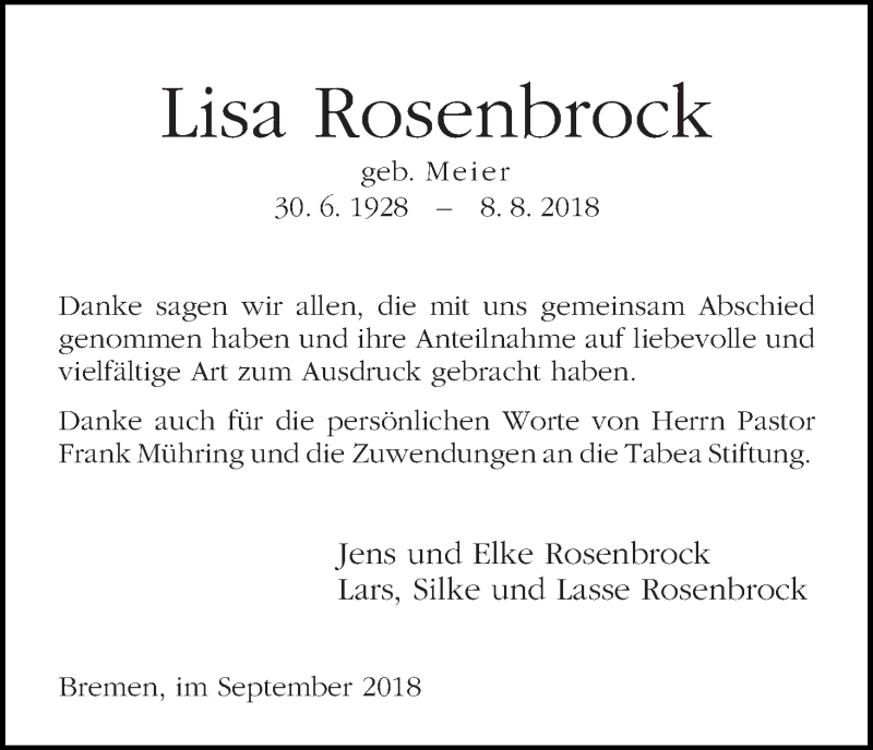 Traueranzeige von Lisa Rosenbrock von WESER-KURIER