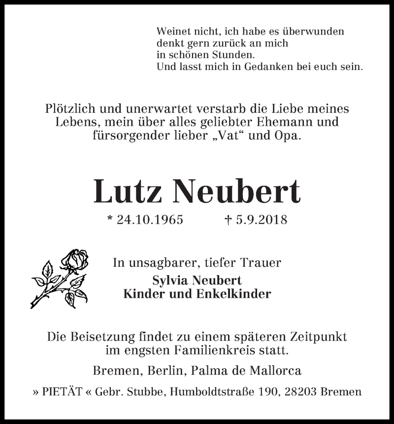 Traueranzeige von Lutz Neubert von WESER-KURIER