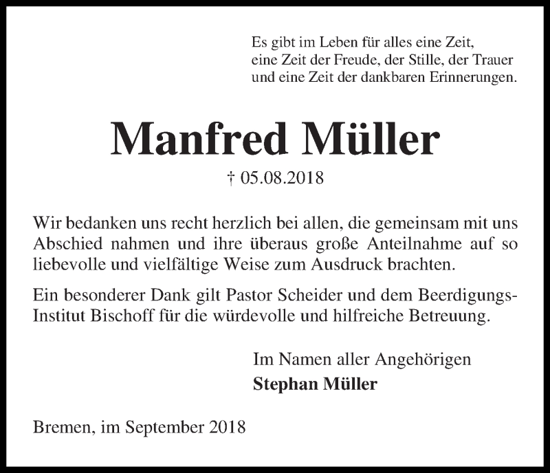 Traueranzeige von Manfred Müller von Die Norddeutsche
