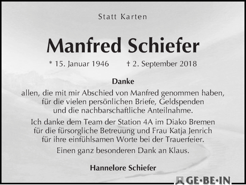 Traueranzeige von Manfred Schiefer von WESER-KURIER