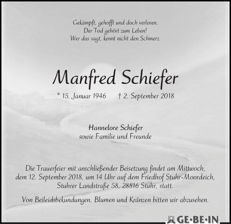 Traueranzeige von Manfred Schiefer von WESER-KURIER