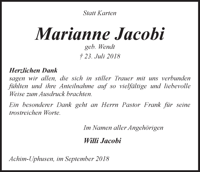 Traueranzeige von Marianne Jacobi von WESER-KURIER