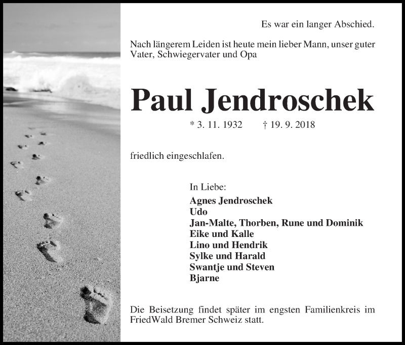 Traueranzeige von Paul Jendroschek von Die Norddeutsche