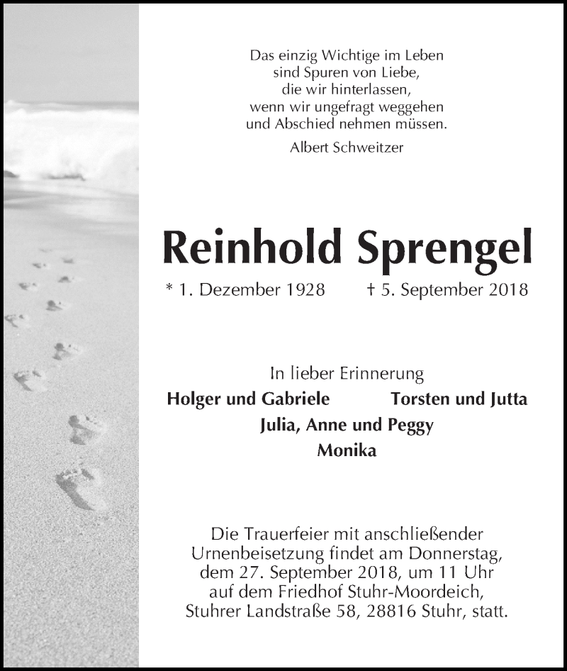 Traueranzeige von Reinhold Sprengel von WESER-KURIER