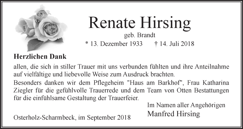 Traueranzeige von Renate Hirsing von Osterholzer Kreisblatt