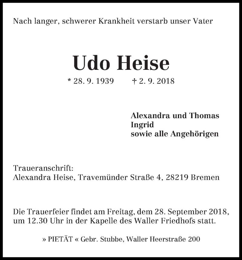 Traueranzeige von Udo Heise von WESER-KURIER