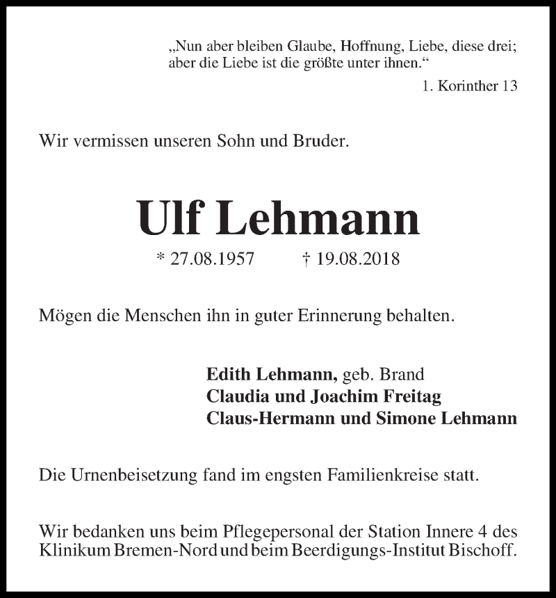 Traueranzeige von Ulf Lehmann von Die Norddeutsche