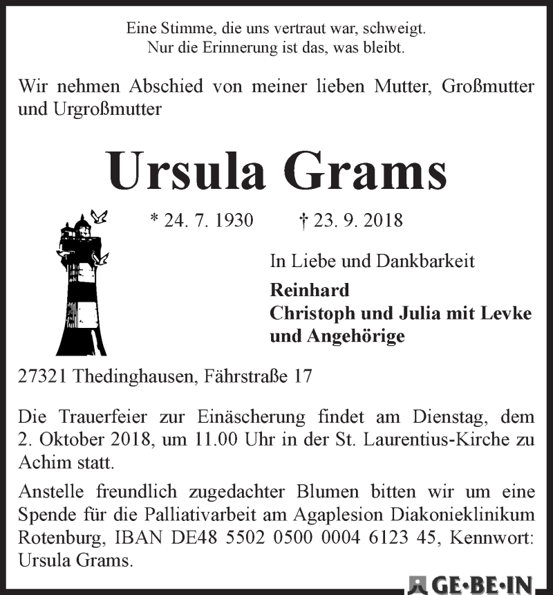 Traueranzeige von Ursula Grams von WESER-KURIER