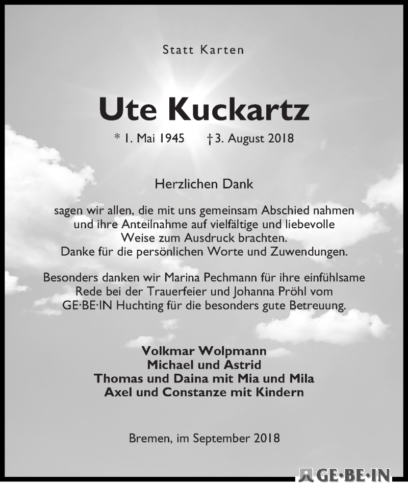 Traueranzeige von Ute Kuckartz von WESER-KURIER