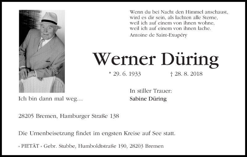 Traueranzeige von Werner Düring von WESER-KURIER
