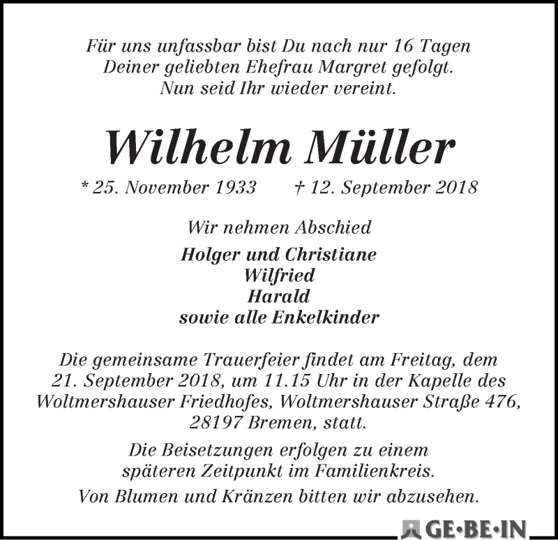 Traueranzeige von Wilhelm Müller von WESER-KURIER