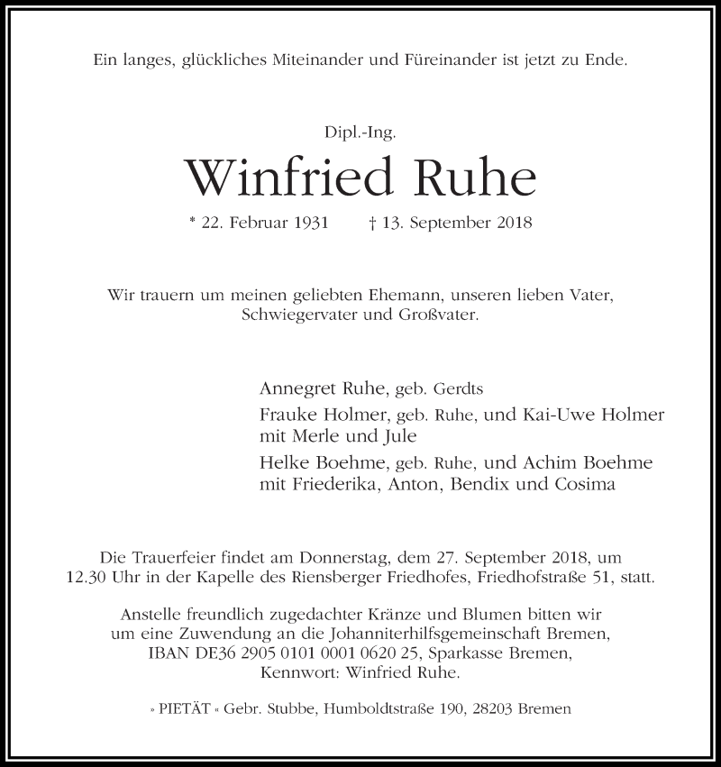 Traueranzeige von Winfried Ruhe von WESER-KURIER
