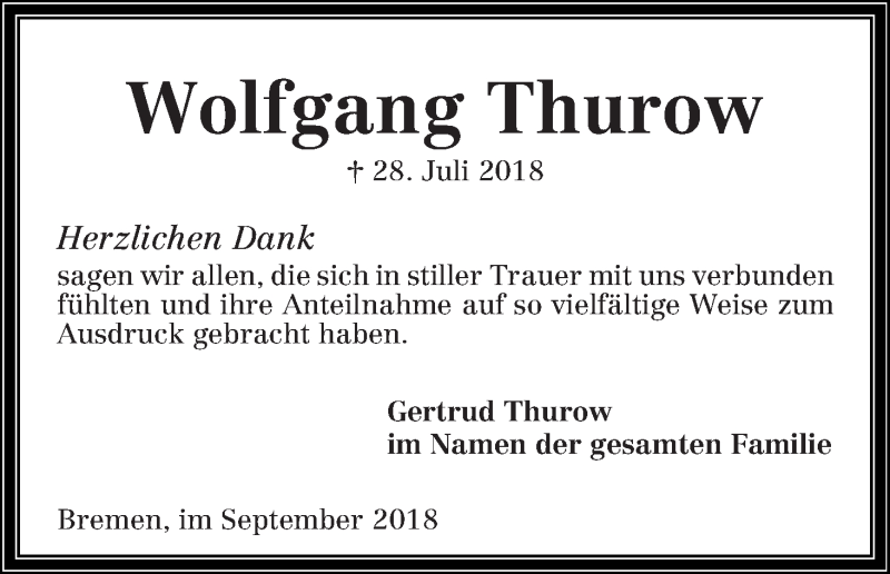 Traueranzeige von Wolfgang Thurow von WESER-KURIER