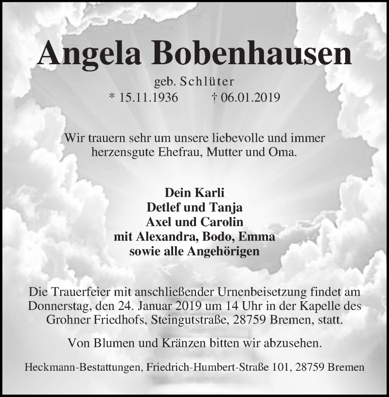 Traueranzeige von Angela Bobenhausen von Die Norddeutsche