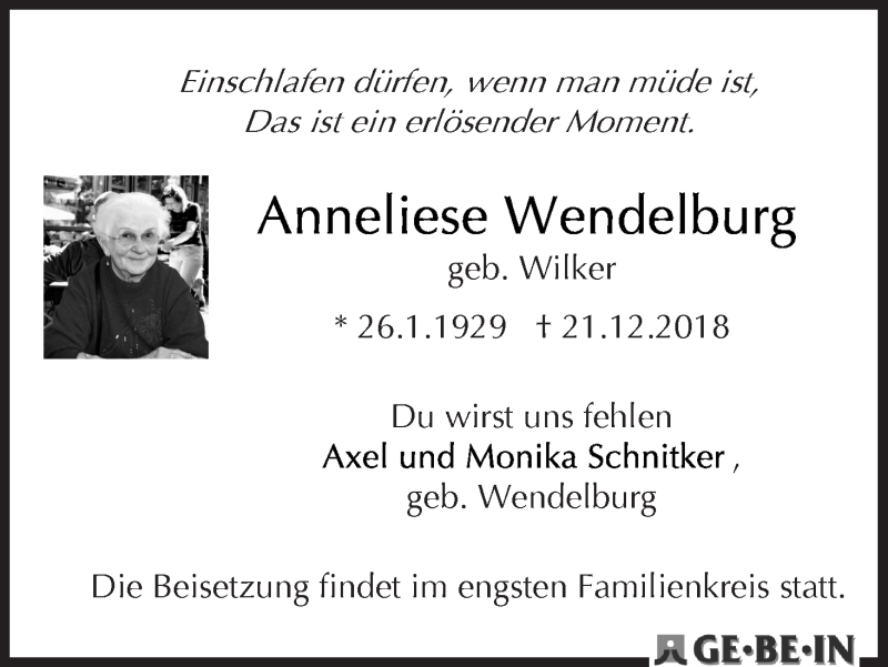 Traueranzeige von Anneliese Wendelburg von WESER-KURIER