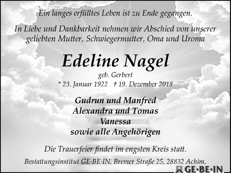 Traueranzeige von Edeline Nagel von WESER-KURIER