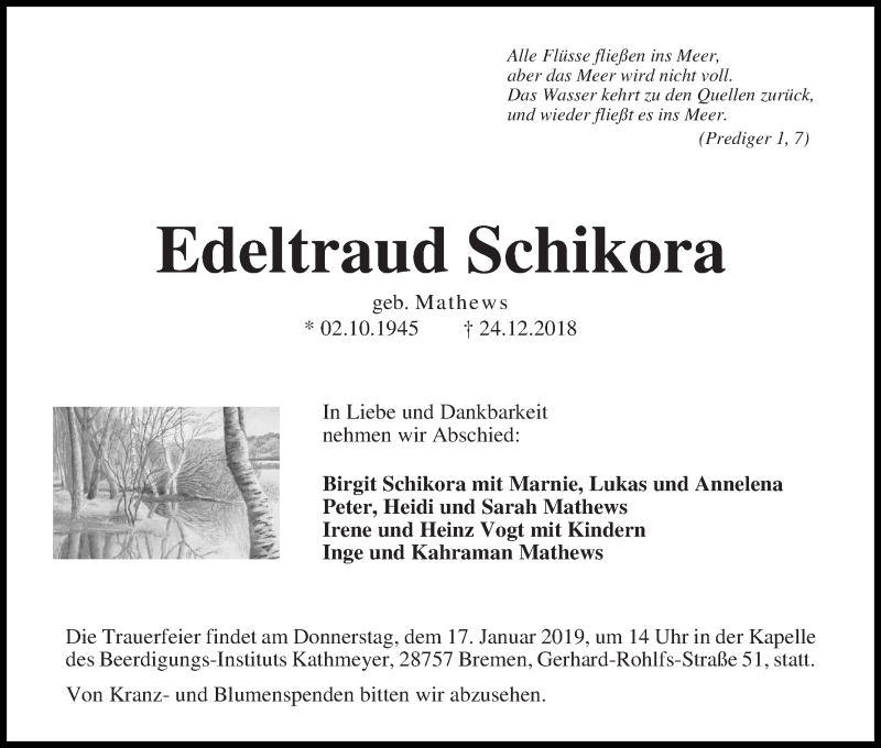 Traueranzeige von Edeltraud Schikora von Die Norddeutsche