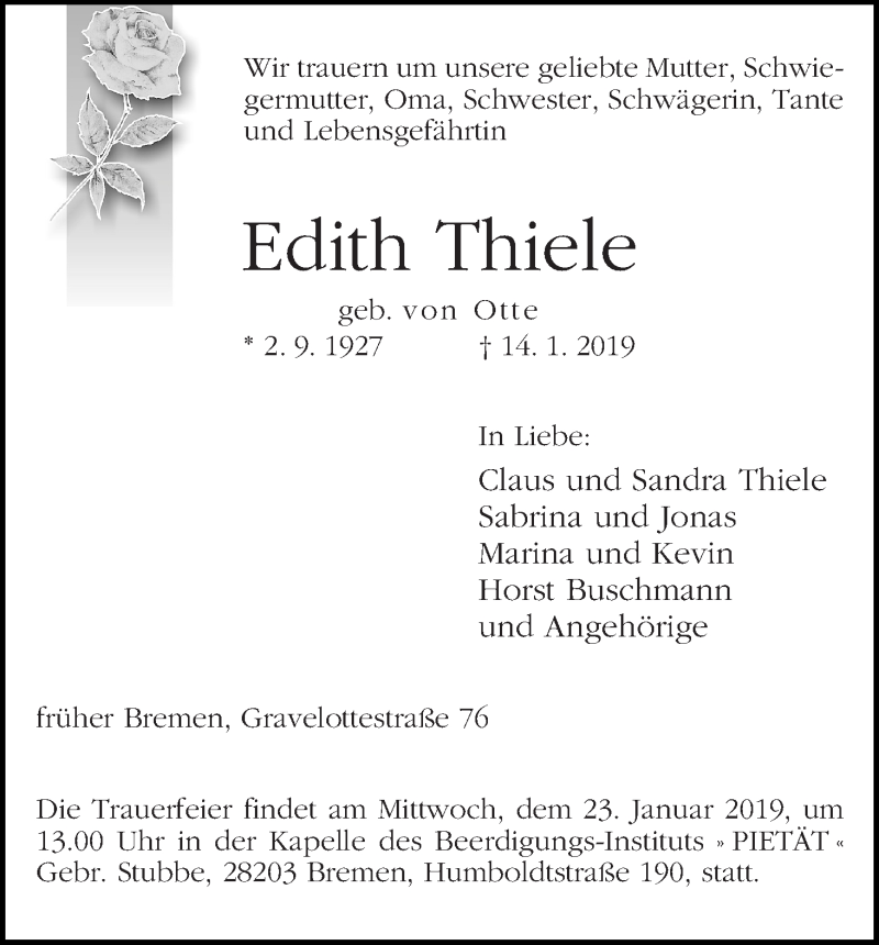 Traueranzeige von Edith Thiele von WESER-KURIER