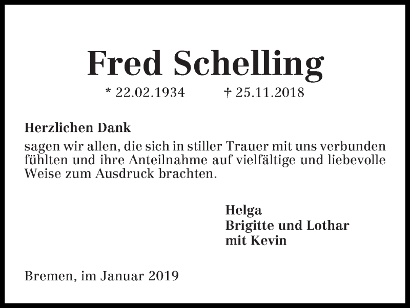 Traueranzeige von Fred Schelling von Die Norddeutsche
