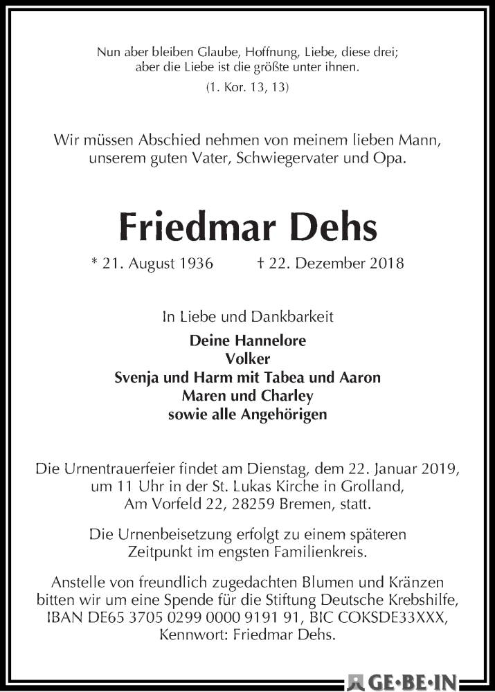 Traueranzeige von Friedmar Dehs von WESER-KURIER