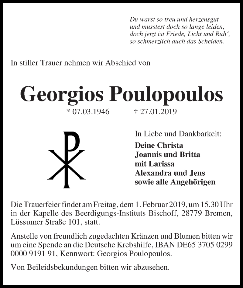 Traueranzeige von Georgios Poulopoulos von WESER-KURIER