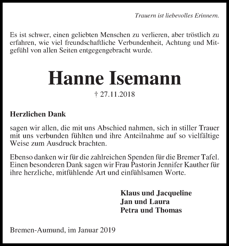 Traueranzeige von Hanne Isemann von Die Norddeutsche