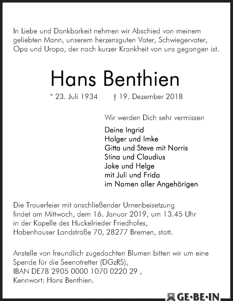 Traueranzeige von Hans Benthien von WESER-KURIER