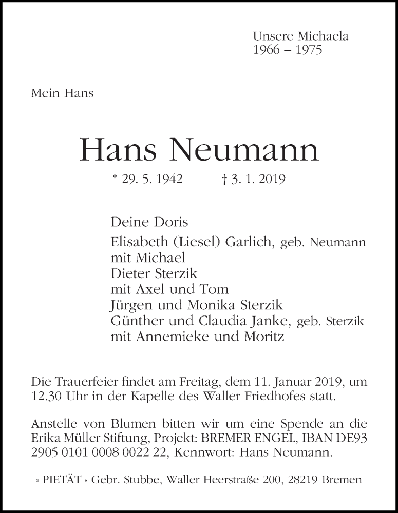 Traueranzeige von Hans Neumann von WESER-KURIER