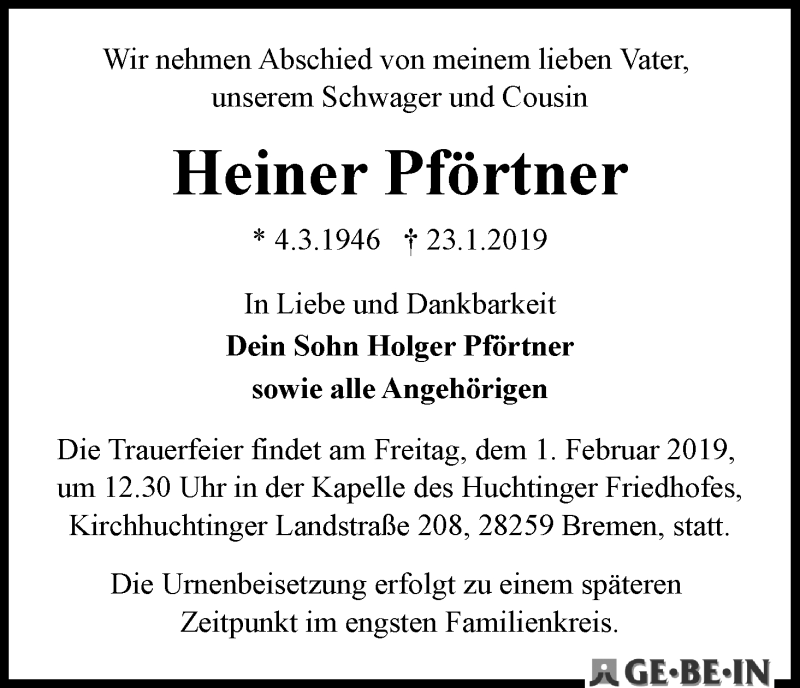 Traueranzeige von Heiner Pförtner von WESER-KURIER