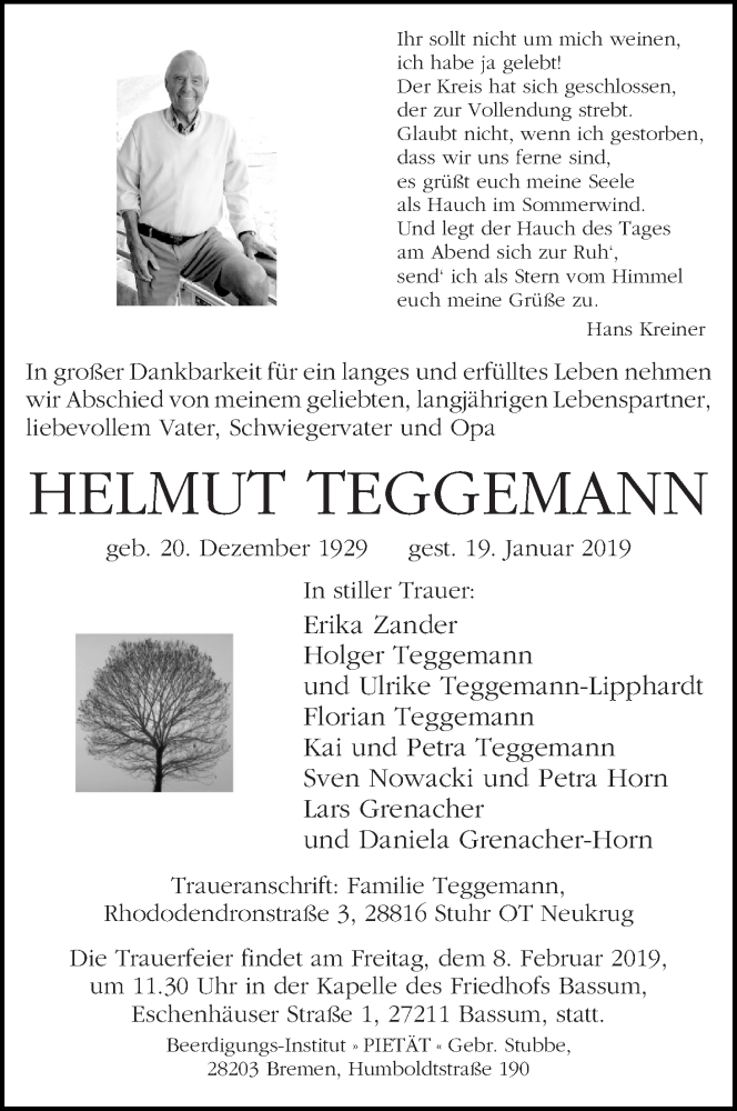 Traueranzeige von Helmut Teggemann von WESER-KURIER