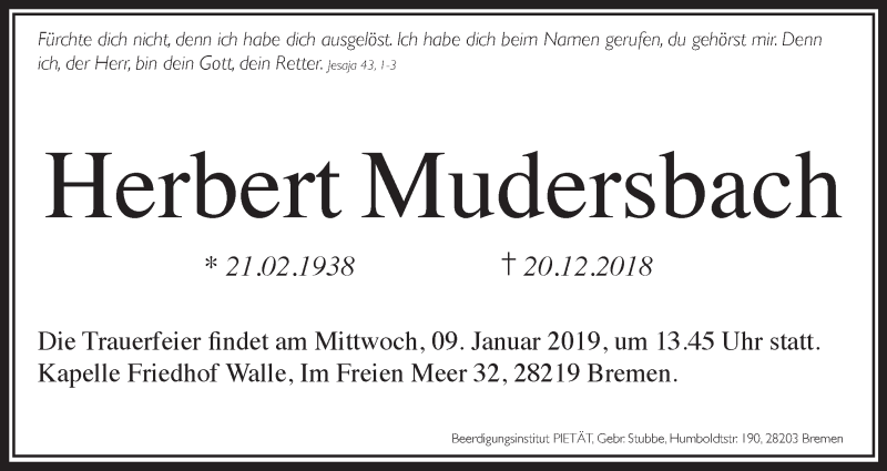 Traueranzeige von Herbert Mudersbach von WESER-KURIER