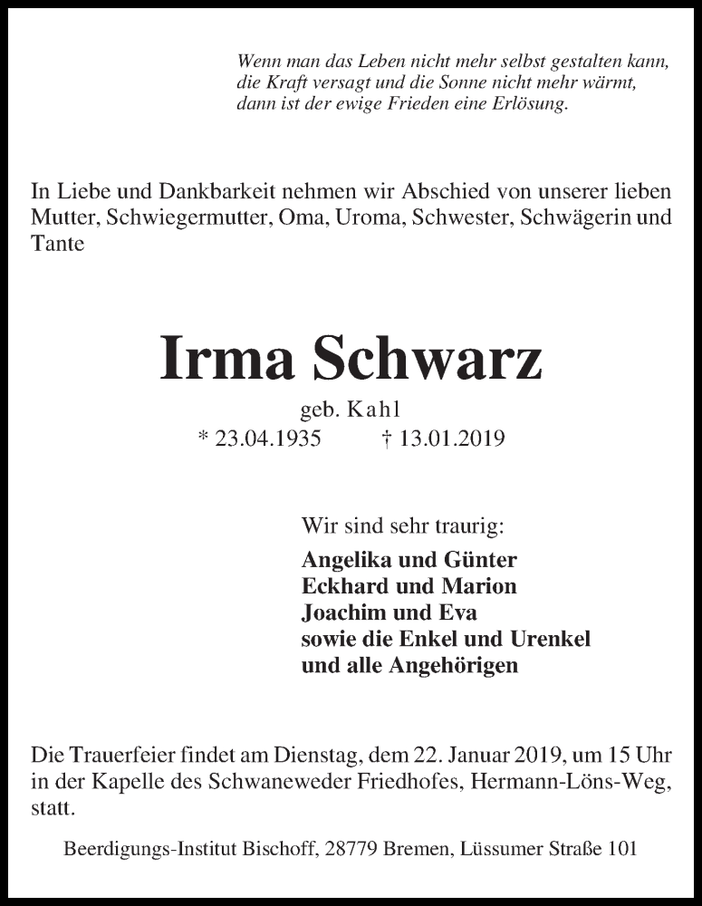 Traueranzeige von Irma Schwarz von Die Norddeutsche