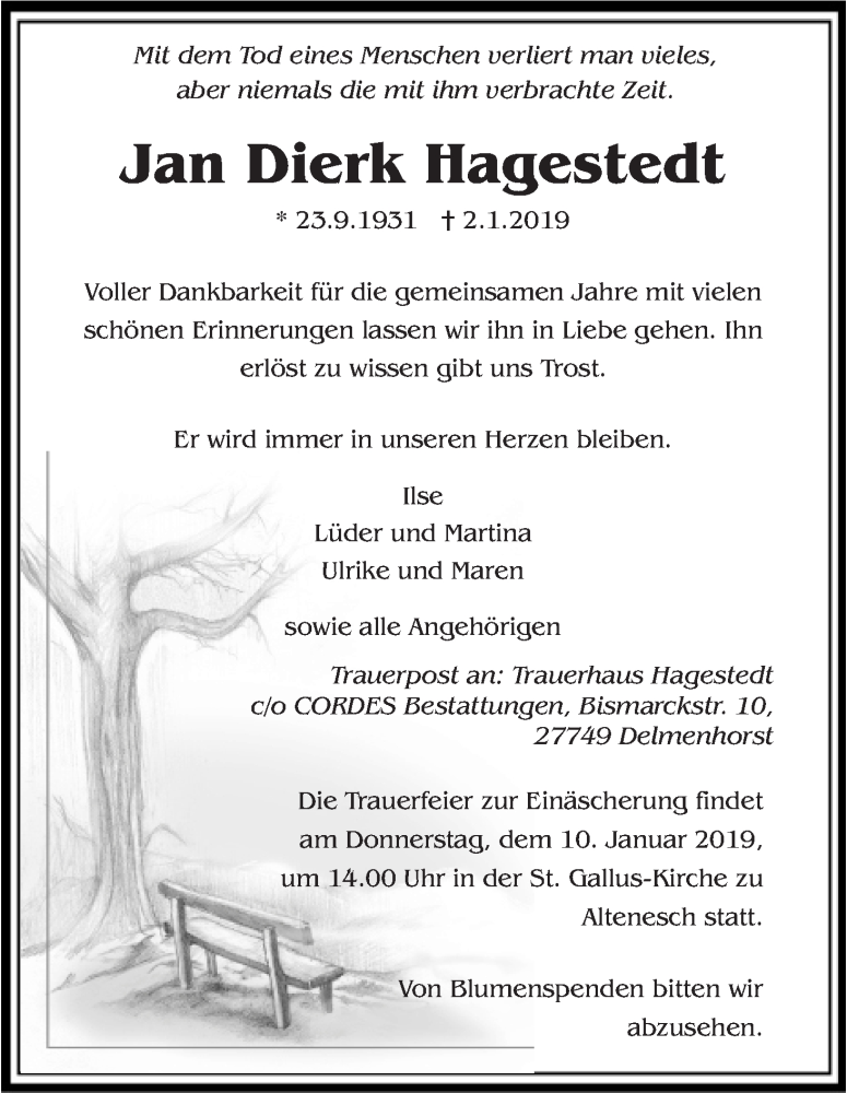 Traueranzeige von Jan Dierk Hagestedt von Die Norddeutsche