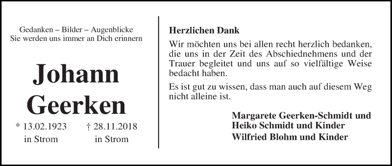 Traueranzeige von Johann Geerken von WESER-KURIER