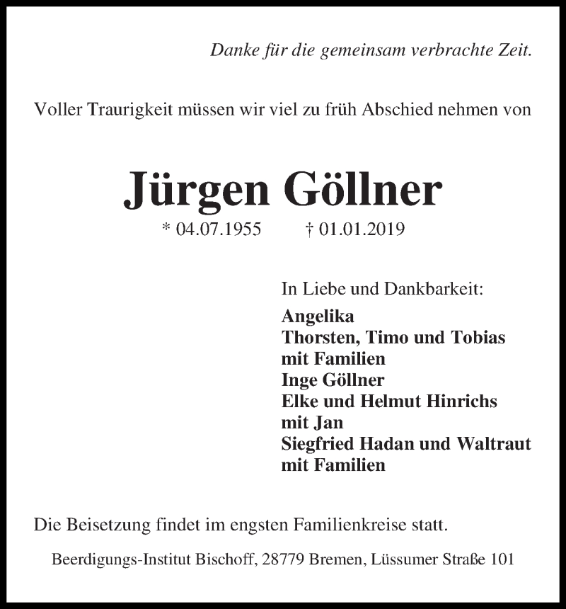 Traueranzeige von Jürgen Göllner von Die Norddeutsche