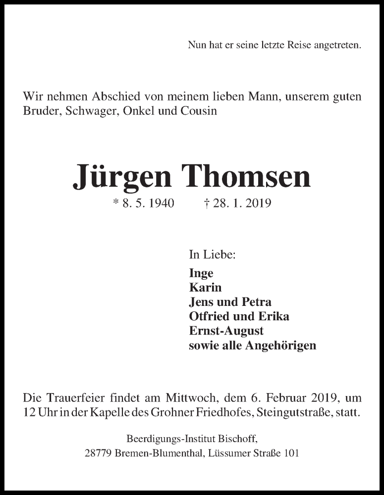 Traueranzeige von Jürgen Thomsen von WESER-KURIER