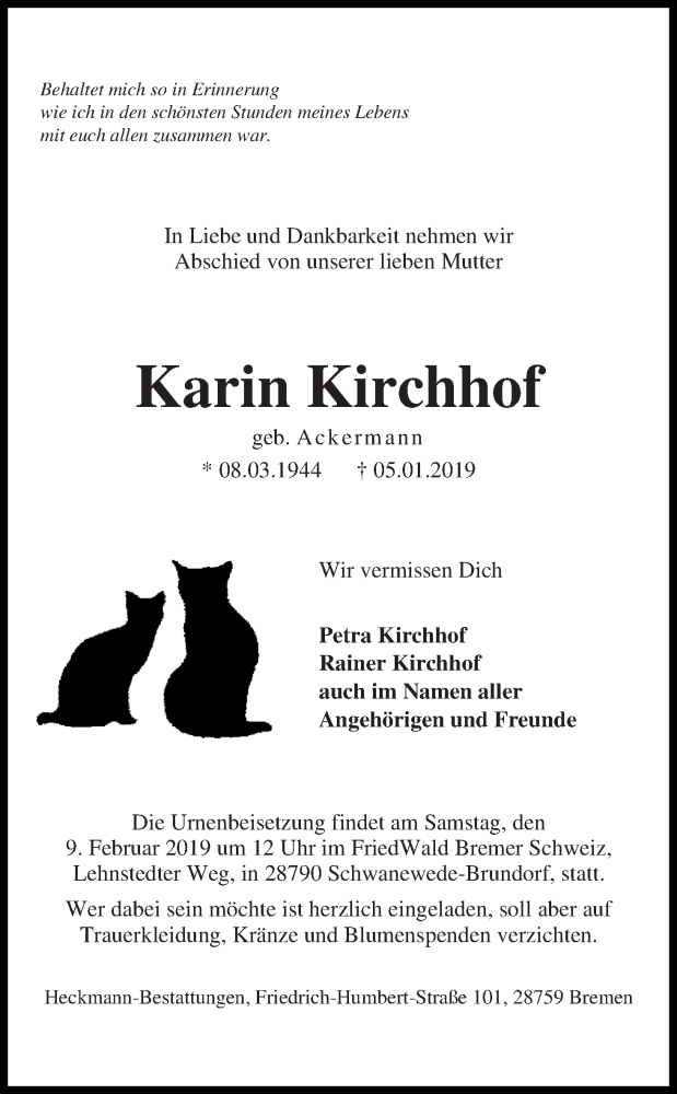 Traueranzeige von Karin Kirchhof von Die Norddeutsche